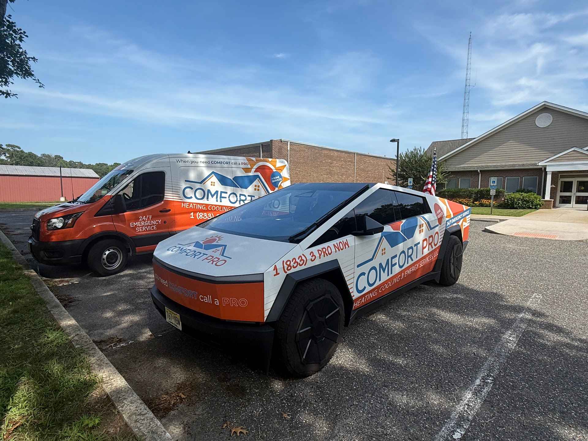 Comfort Pro wrapped service van and Cybertruck fleet in Cape May County NJ